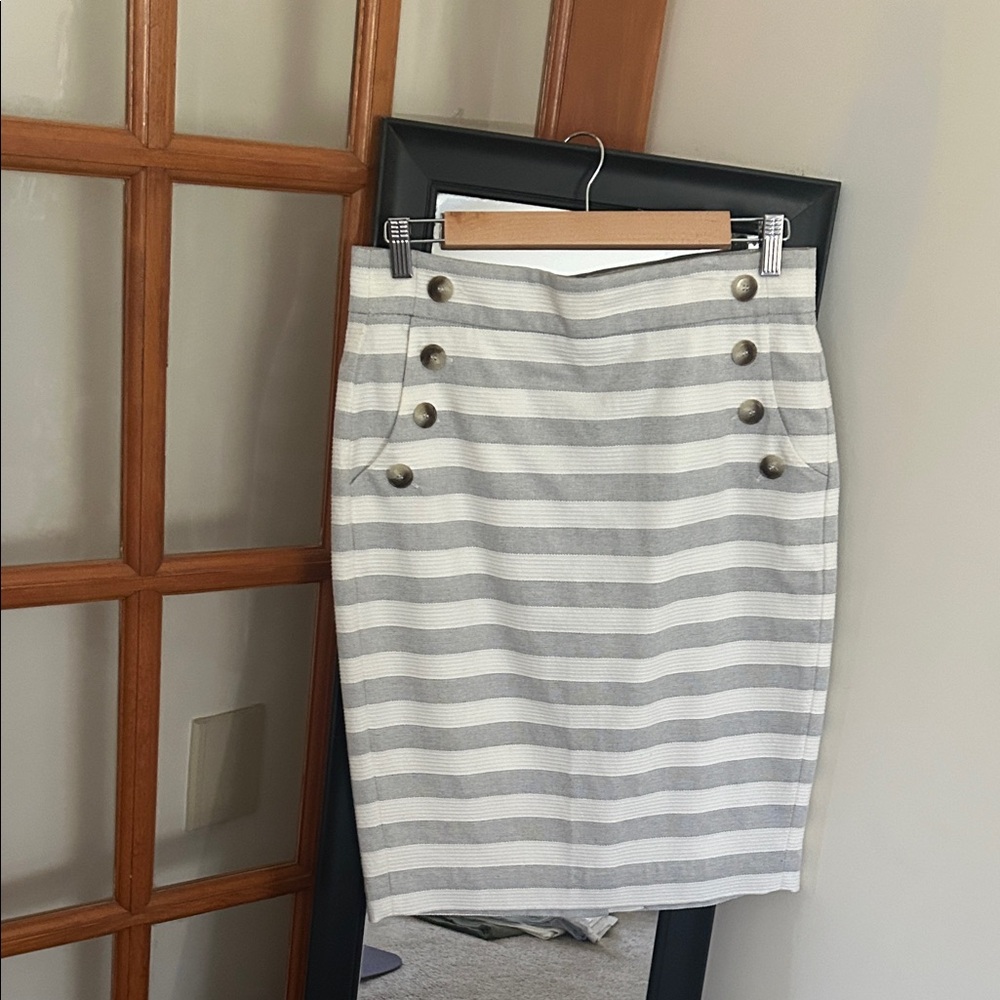 LOFT Gray Striped Pencil Skirt with Button Accents